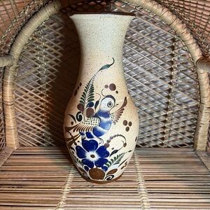 Large Mexican Pottery Vase Tonala Style Sand Textured Hand Painted Floral Bird